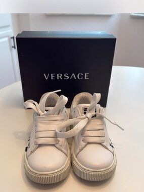 Versace Kids White Leather Low-Top Sneakers with Black Medusa Accent